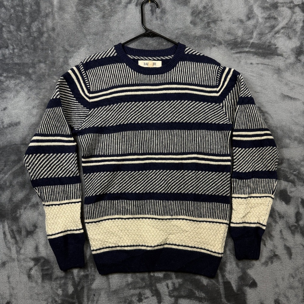 Barque Sweater Mens Small Navy Blue Excellent Striped Wool Blend Crewneck Knit